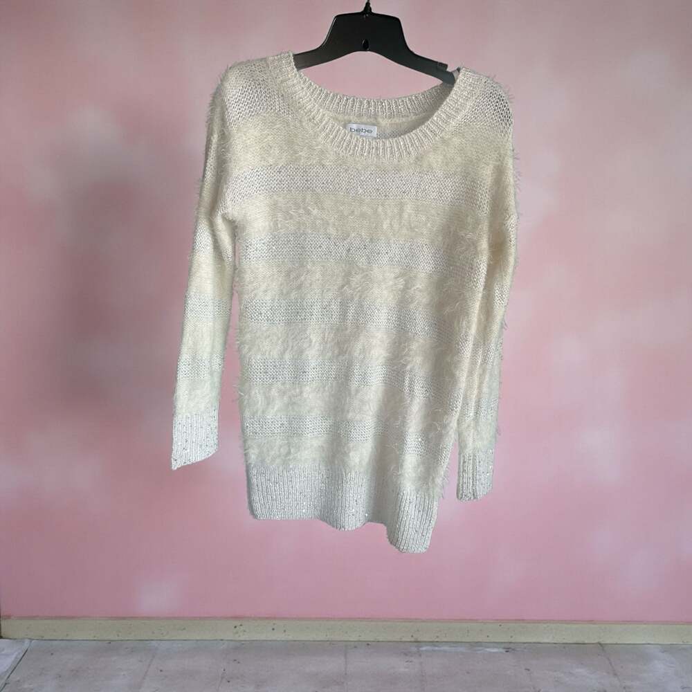 bebe Women's White Fuzzy Eyelash Striped Sweater with Silver Sequins